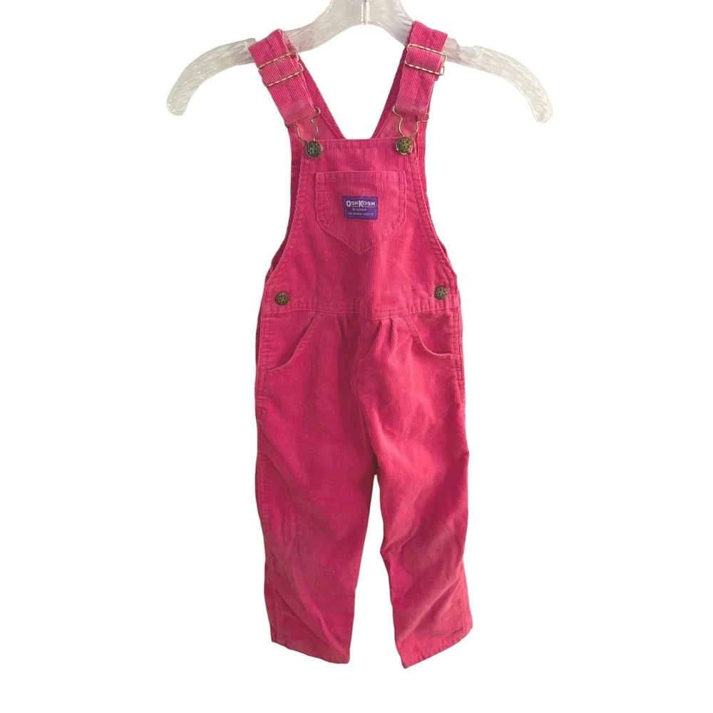 OshKosh B'gosh Vintage Girls 5T Hot Pink Retro Corduroy Overalls Made in USA